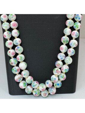 Vintage Asian Porcelain Beaded Necklace Rhinestone Clasp Double Strand Floral 25